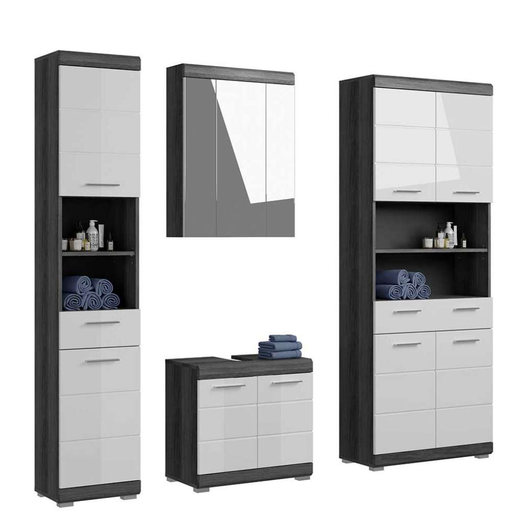 Badmöbelkomplettset modern mit Hochglanzfront Spiegelschrank (vierteilig)