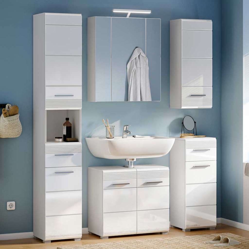 Komplett Badmöbel Set in Weiß Hochglanz modern (fünfteilig)