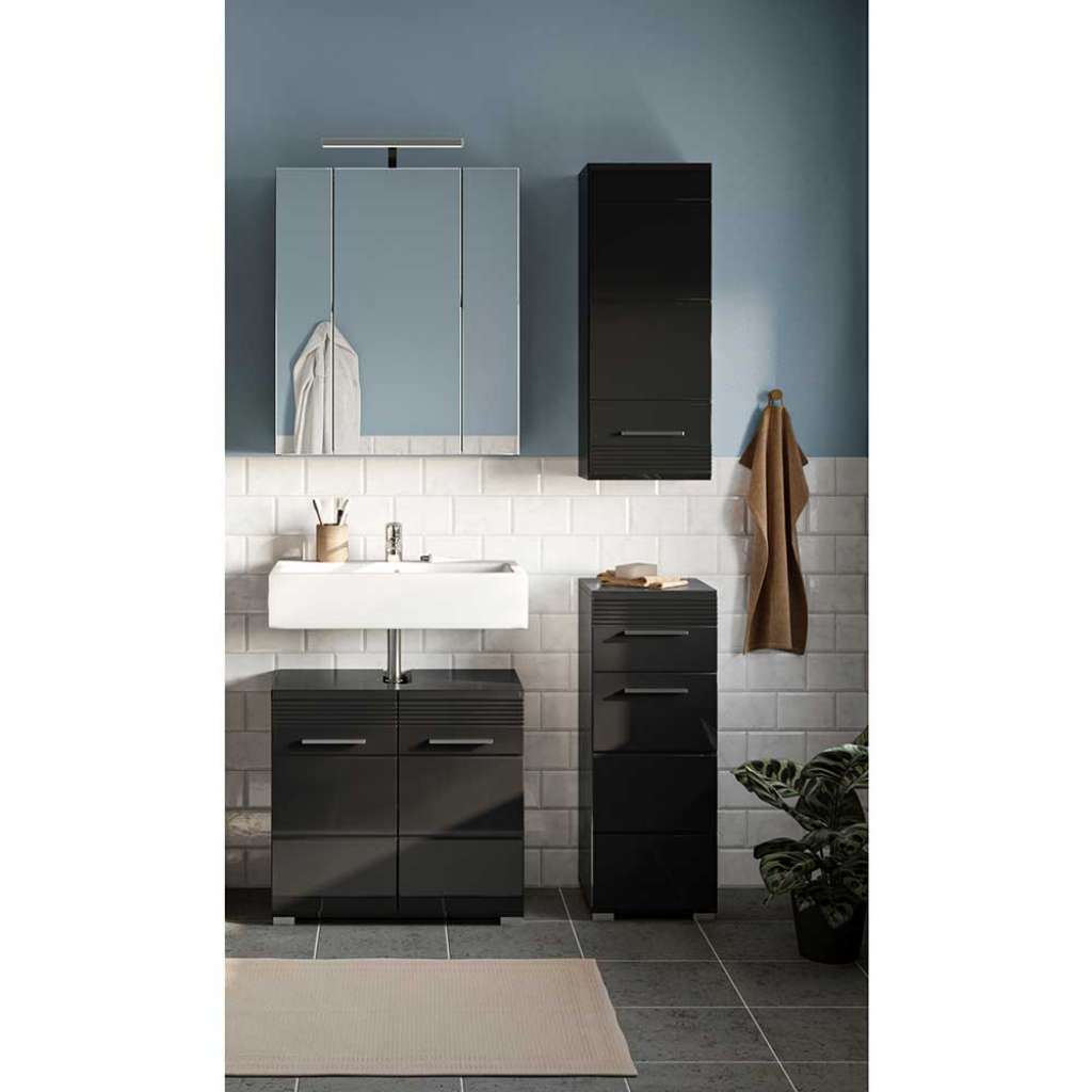 Modernes Badmöbel Set in Schwarz Hochglanz 90 cm breit (vierteilig)