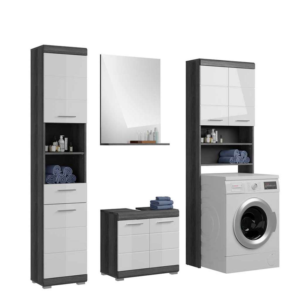 Waschplatz Set Rauchgrau Holzoptik Hochglanz weiss (vierteilig)