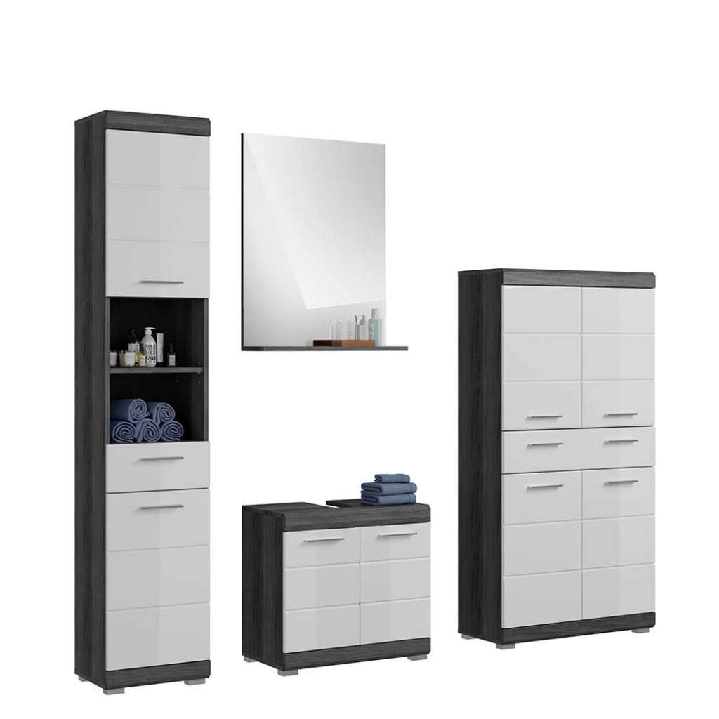 Badezimmermöbelset modern Rauchgrau Holzoptik Hochglanz weiss (vierteilig)