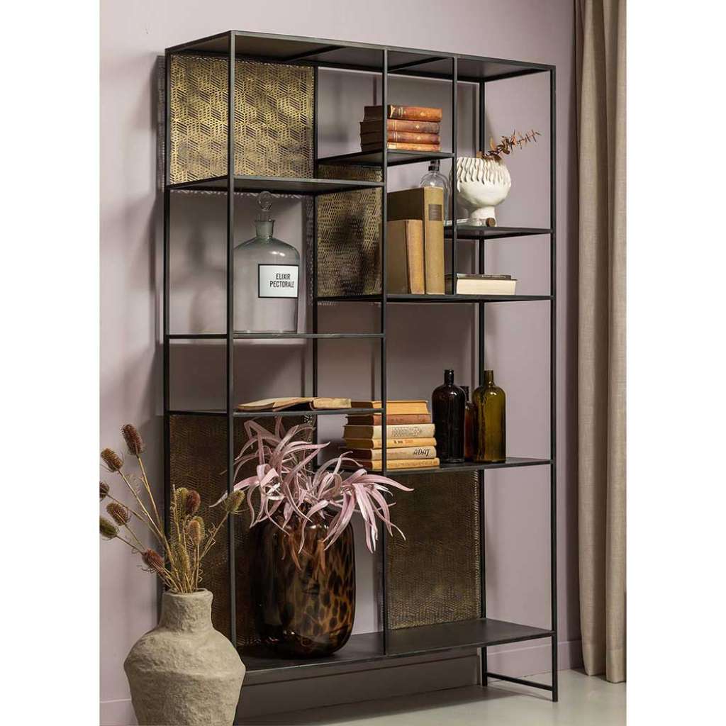 Metall Esszimmerregal in Altmessingfarben und Schwarz 185 cm hoch