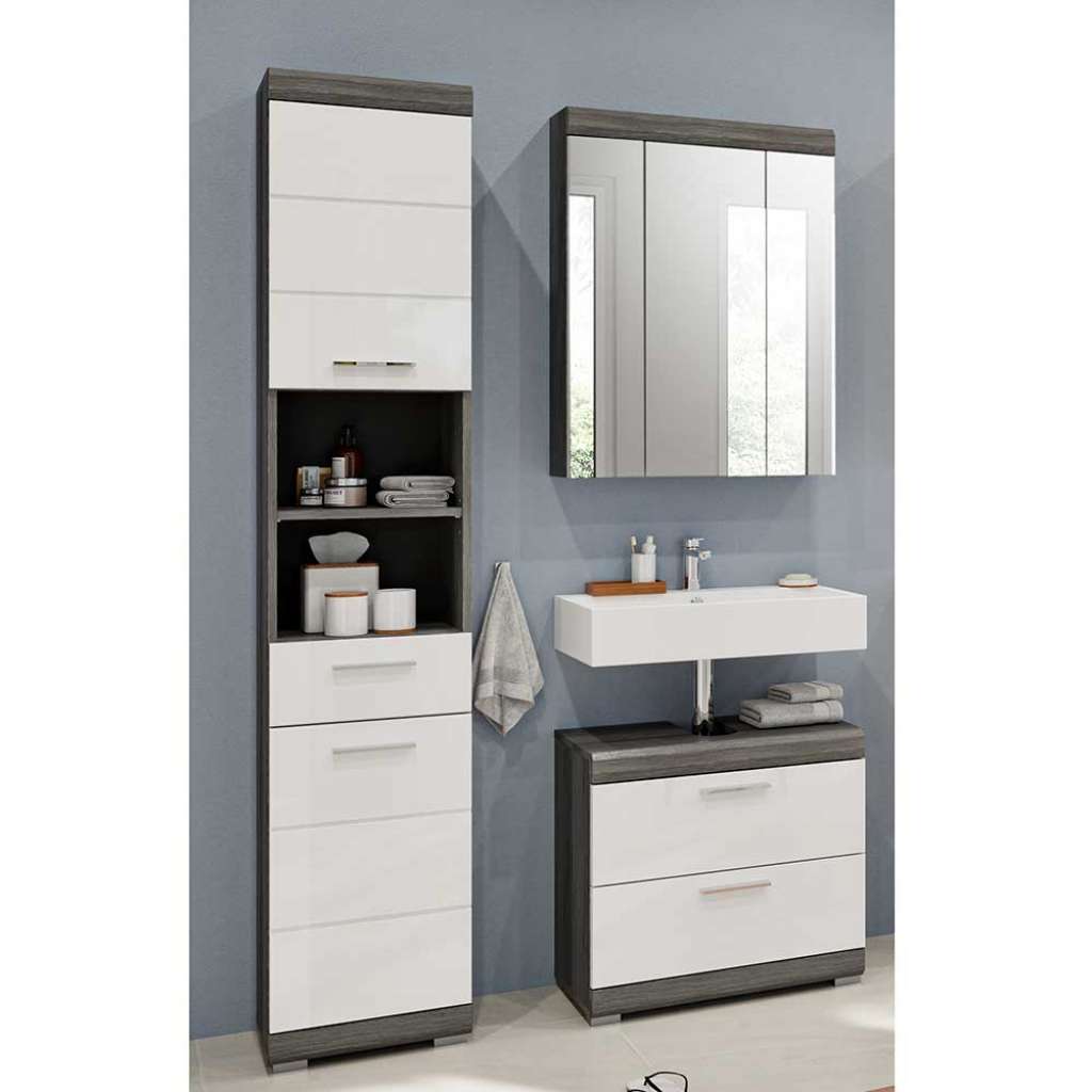 Modernes Badezimmerset Hochglanz Front weiss 191 cm hoch (dreiteilig)