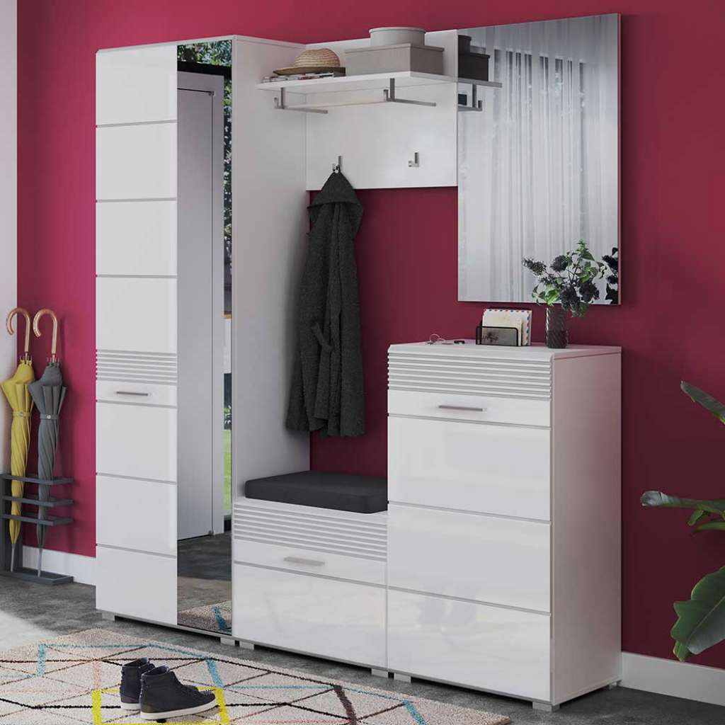 Flur Möbel Set in Weiß Hochglanz 190 cm hoch (fünfteilig)