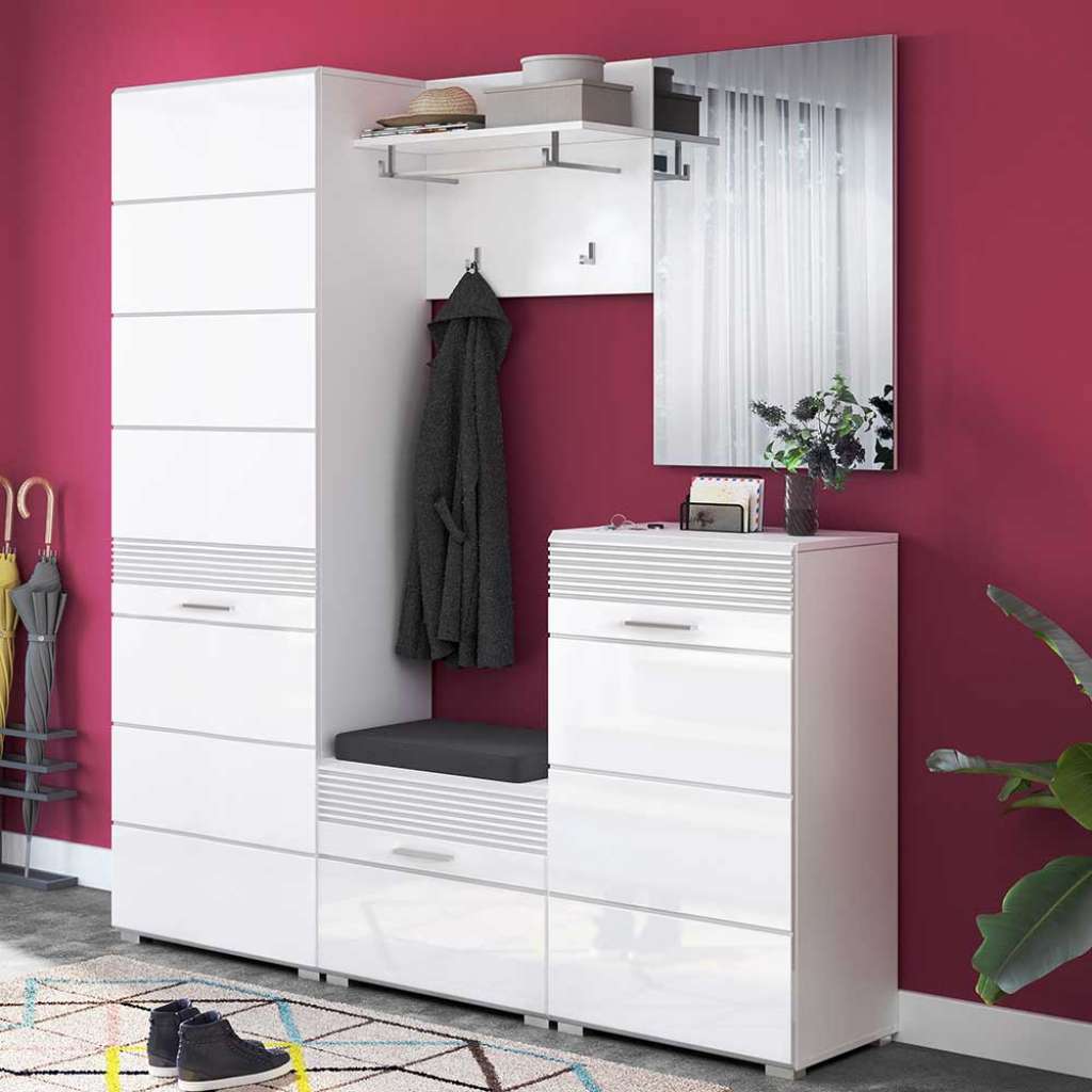 Garderobenset mit Spiegel in Weiß 170 cm breit (fünfteilig)