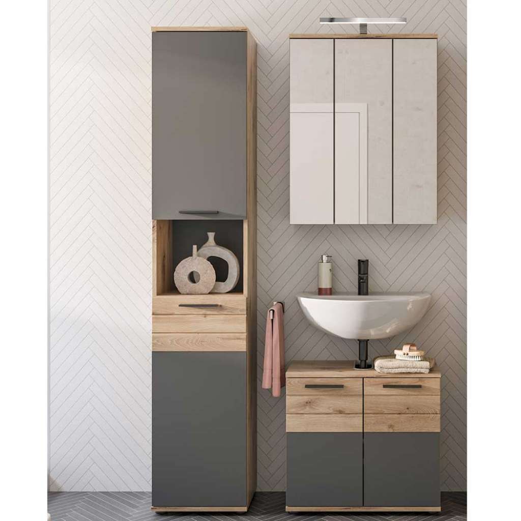 Waschplatz Set mit Spiegelschrank in Wildeichefarben Grau (dreiteilig)