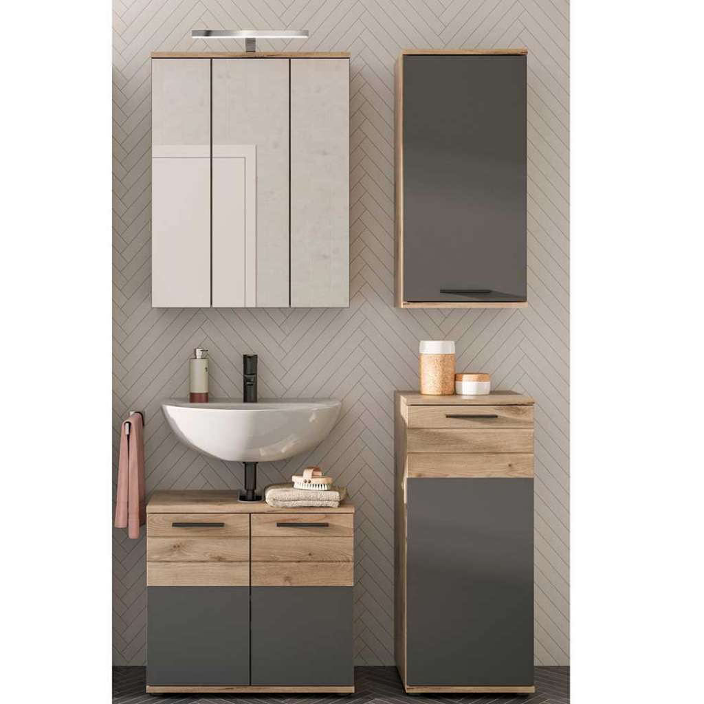 Waschplatz Set in Wildeichefarben und Grau inklusive Spiegelschrank (vierteilig)