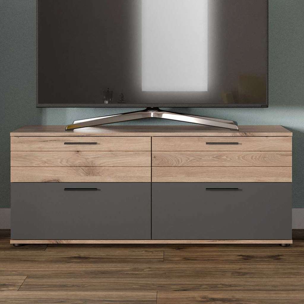 Kleiner Unterschrank Fernseher in Wildeichefarben & Grau 130 cm breit