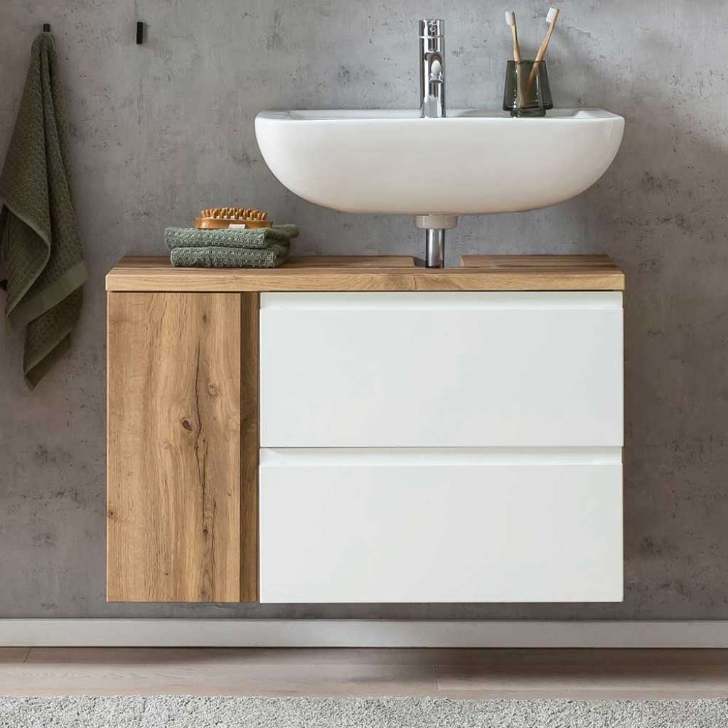 85 cm Waschbeckenschrank in Wildeichefarben und Weiß Soft Close