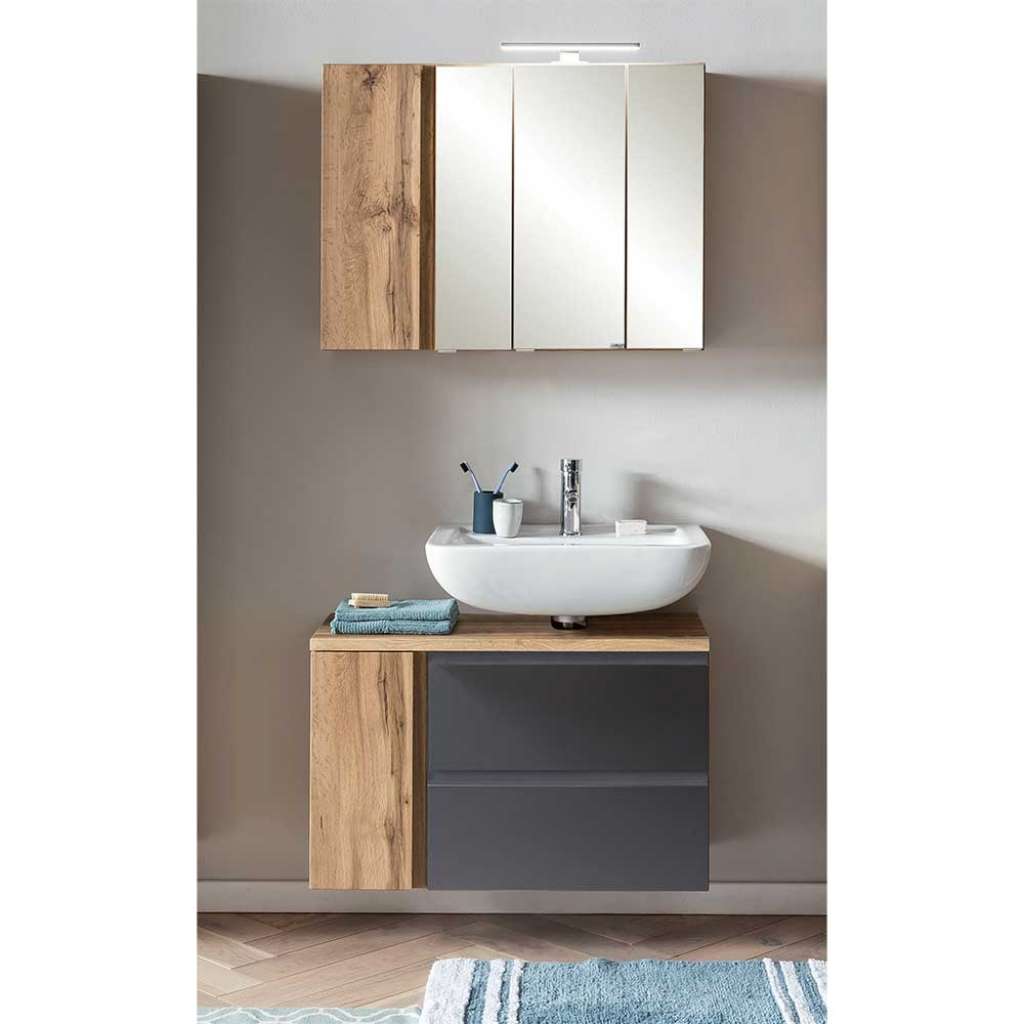 Badmöbel Set mit Spiegelschrank in Wildeichefarben Dunkelgrau (zweiteilig)