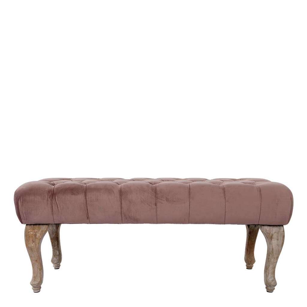 Vintage Stil Samt Bettbank in Altrosa Vierfußgestell aus Holz