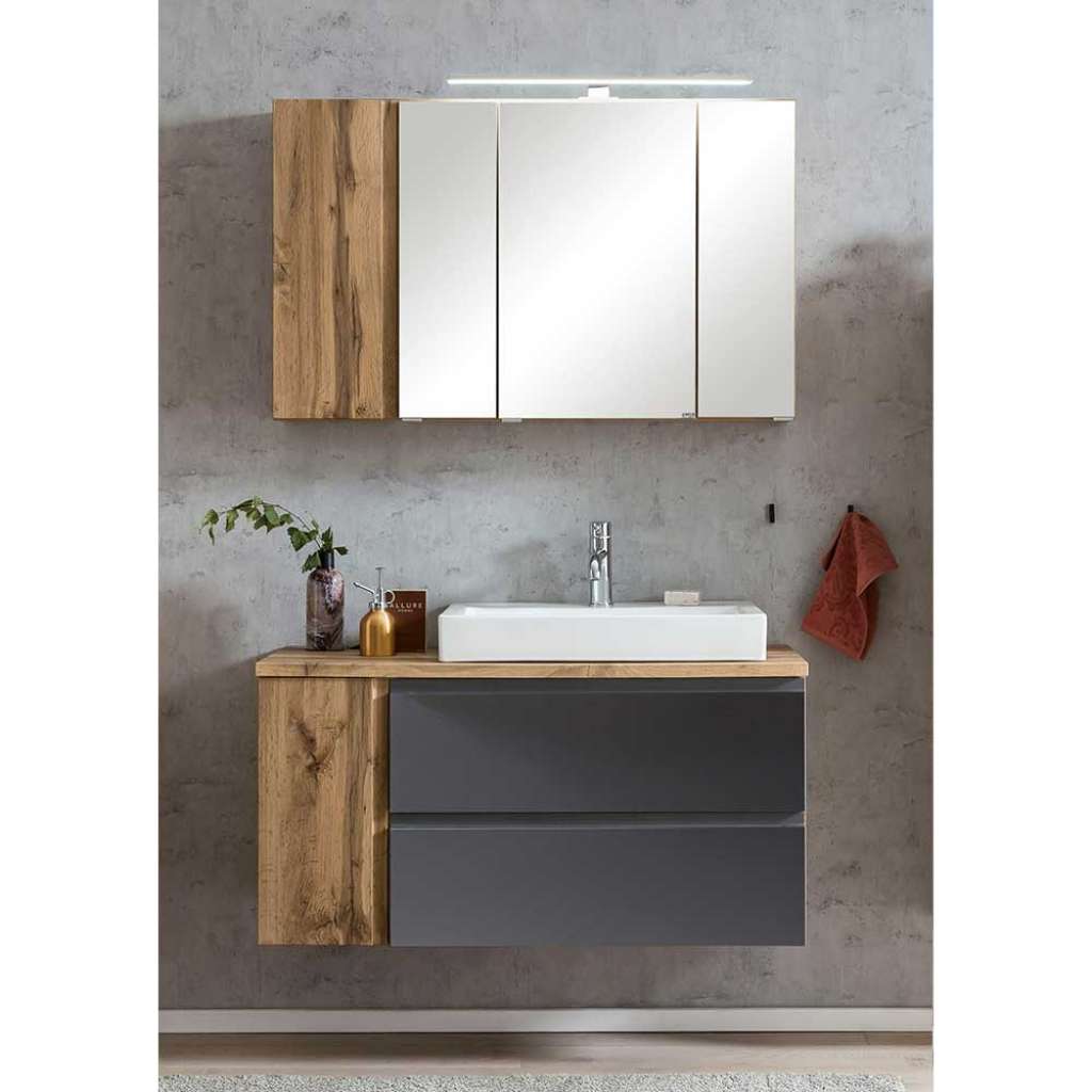 Waschplatz mit Spiegelschrank in Wildeichefarben Dunkelgrau (zweiteilig)
