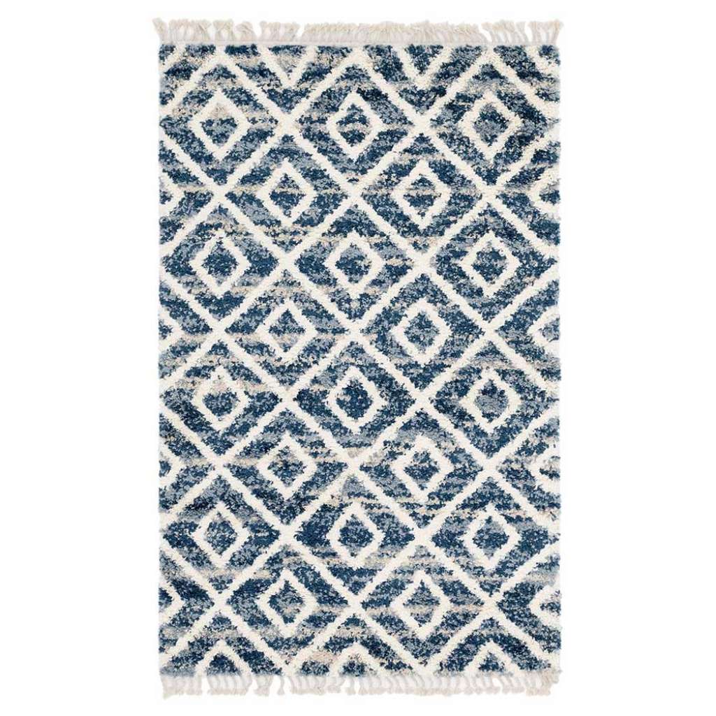 Muster Teppich geometrisch in Blau und Cremefarben Shaggy Hochflor