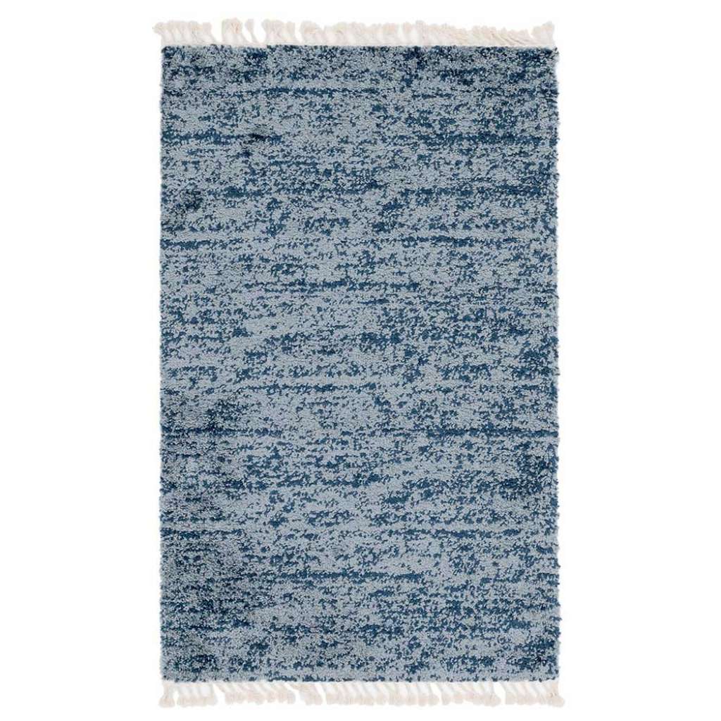 Melierter Teppich Hochflor in Blau und Cremefarben mit Fransen