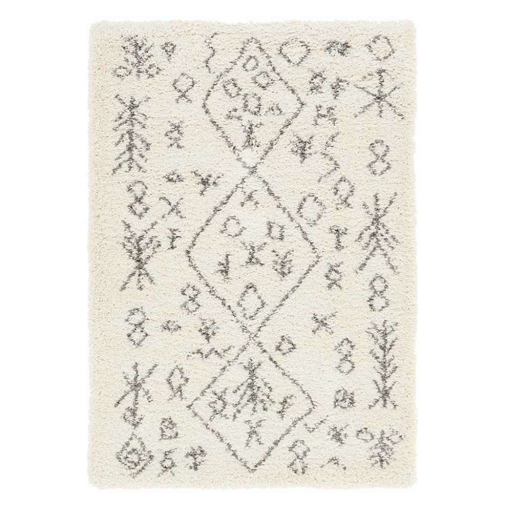 Boho Hochflor Teppich in Cremefarben und Grau abstraktem Muster