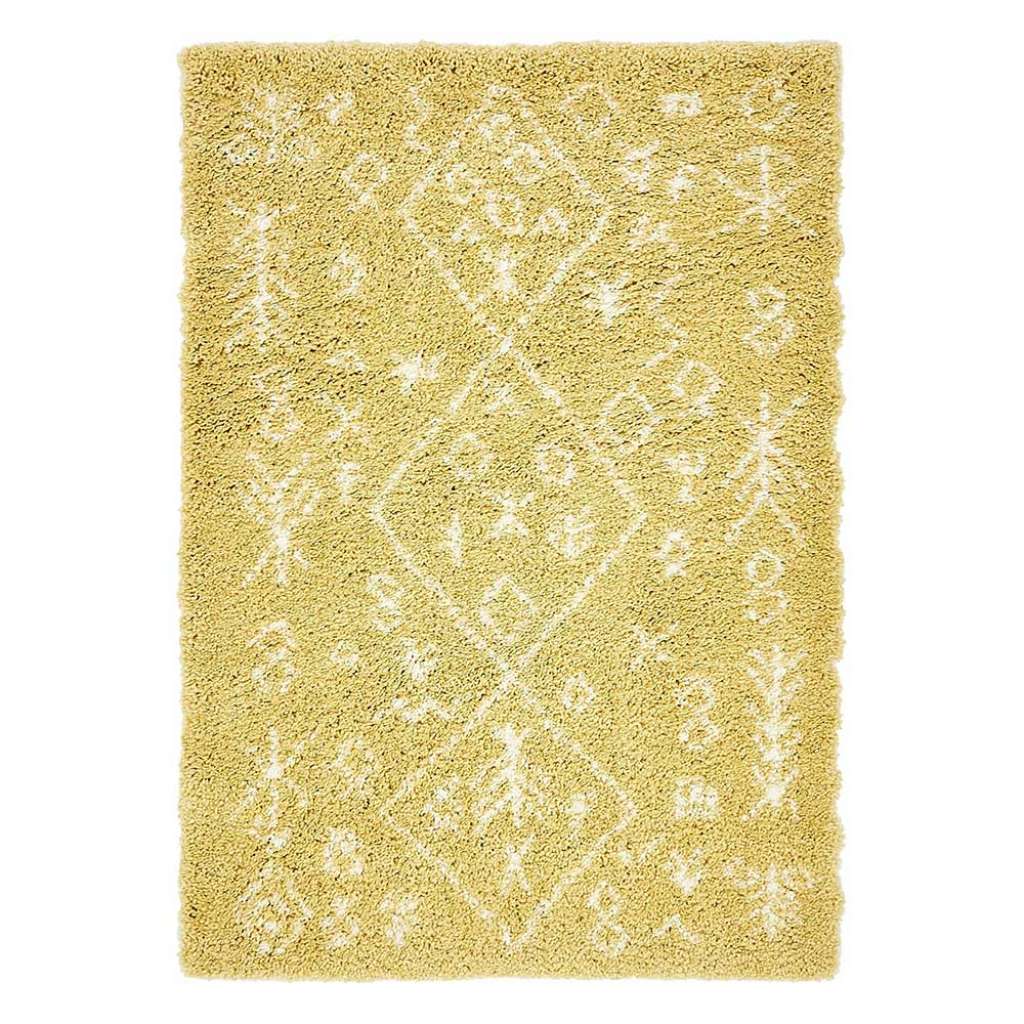 Rechteckiger Boho Teppich in Gelb und Cremefarben Hochflor