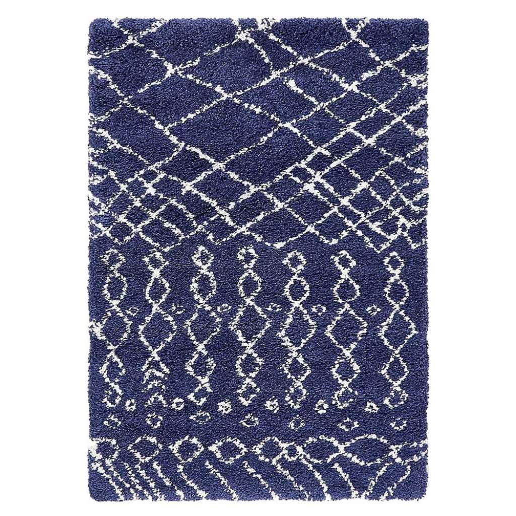 Blauer Shaggy Teppich im Skandi Design Muster in Cremefarben