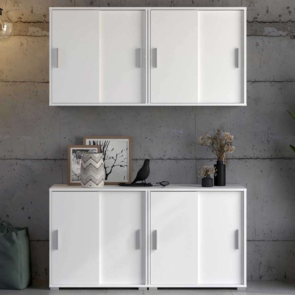 Vier Schränke weiß mit Schiebetüren Fächer in Ordnerhöhe (vierteilig)