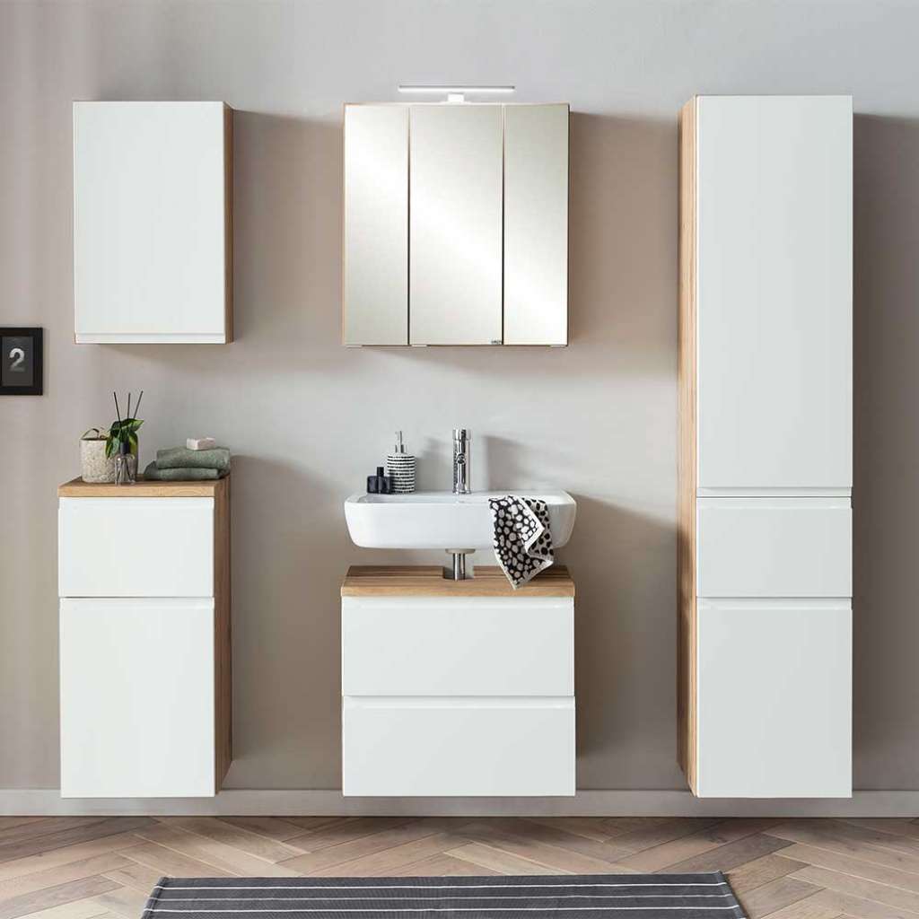 Badezimmermöbel modern in Wildeichefarben Weiß (fünfteilig)
