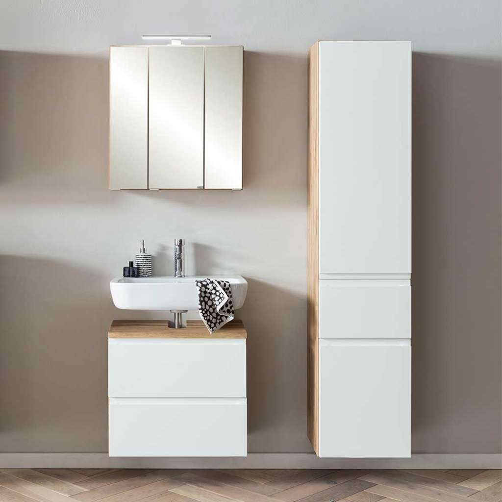 Badezimmermöbel Set modern in Wildeichefarben und Weiß LED Beleuchtung (dreiteilig)