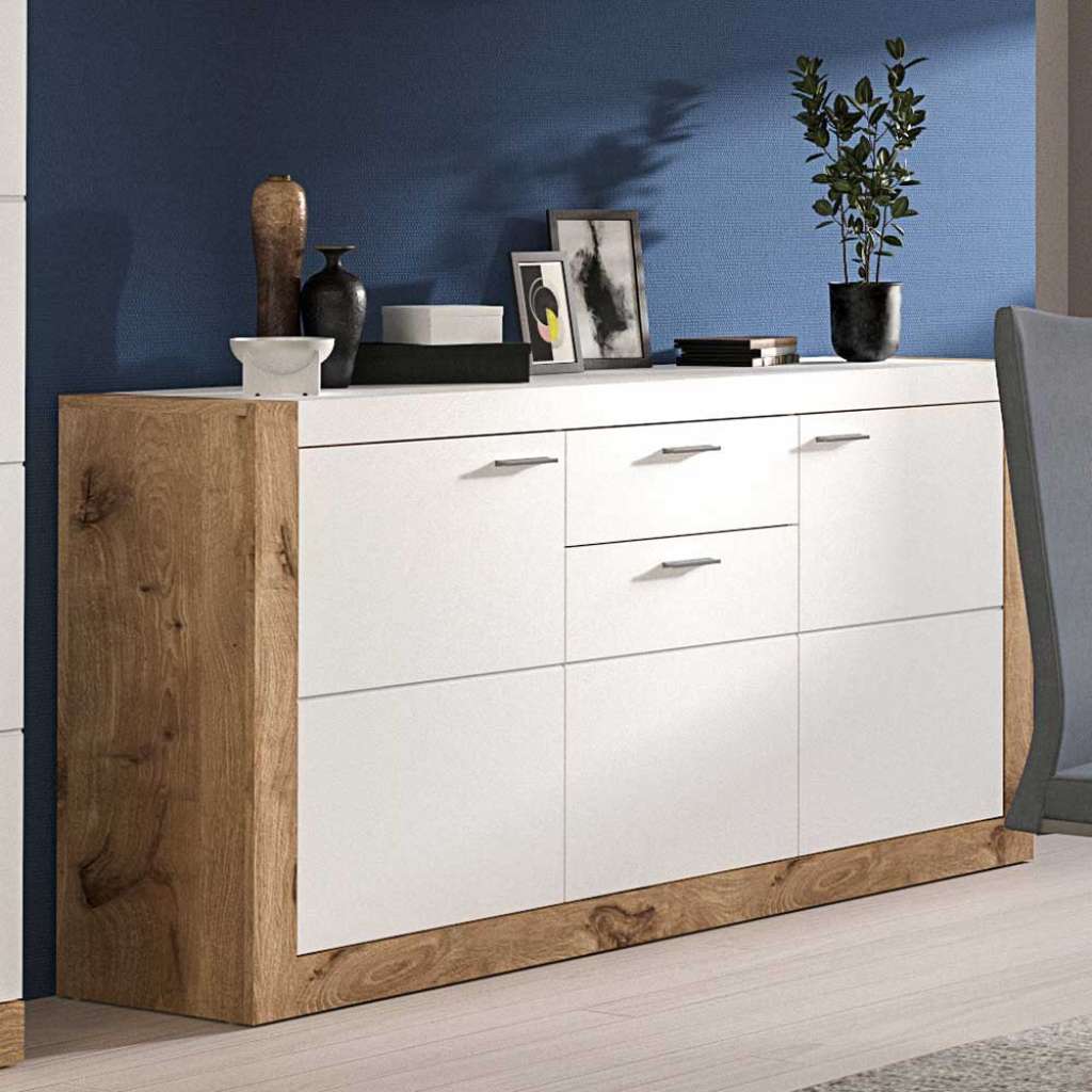 Modernes Sidebord in Wildeichefarben und Weiß einer Schublade