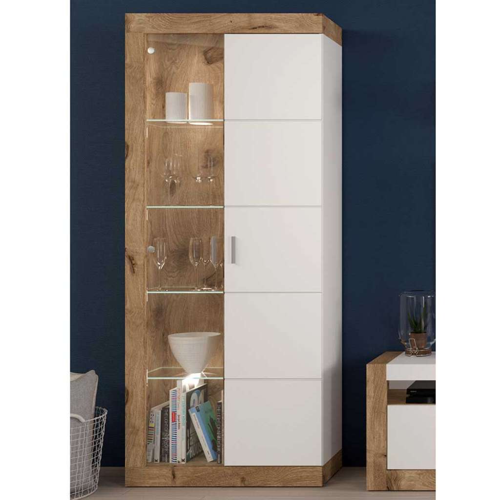 Wohnzimmervitrine in Wildeichefarben und Weiß 193 cm hoch