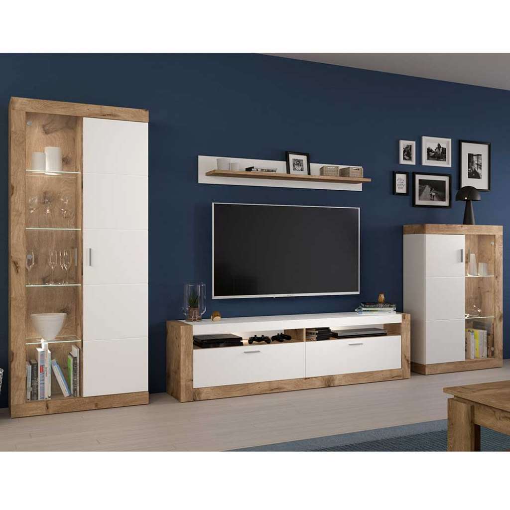 TV Wohnwand modern in Wildeichefarben Weiß (vierteilig)