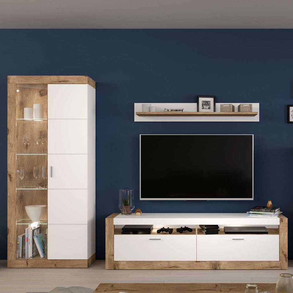 Wohnzimmerwand modern in Wildeichefarben Weiß (dreiteilig)