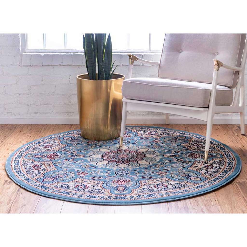 Runder Teppich mit Orient Muster in Blau Cremefarben