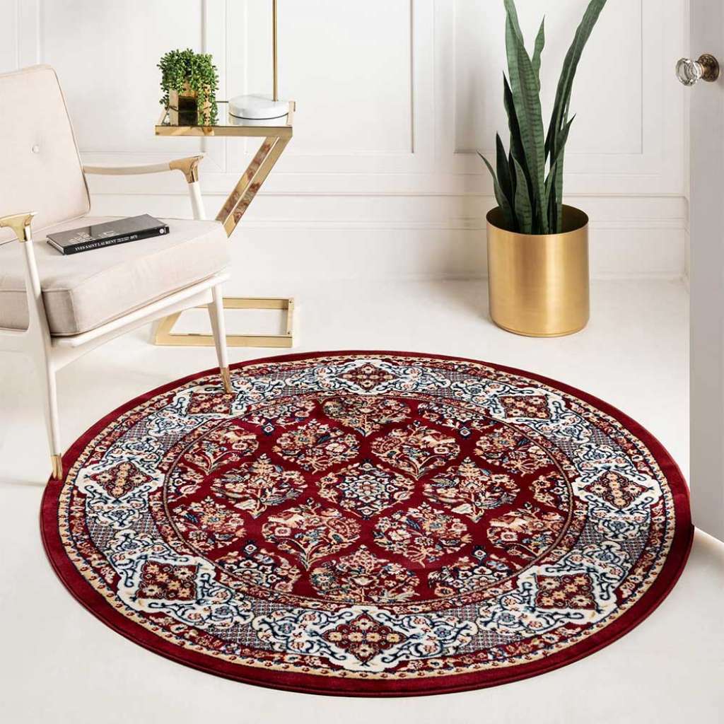 Orient Stil Teppich rund in Dunkelrot Cremefarben