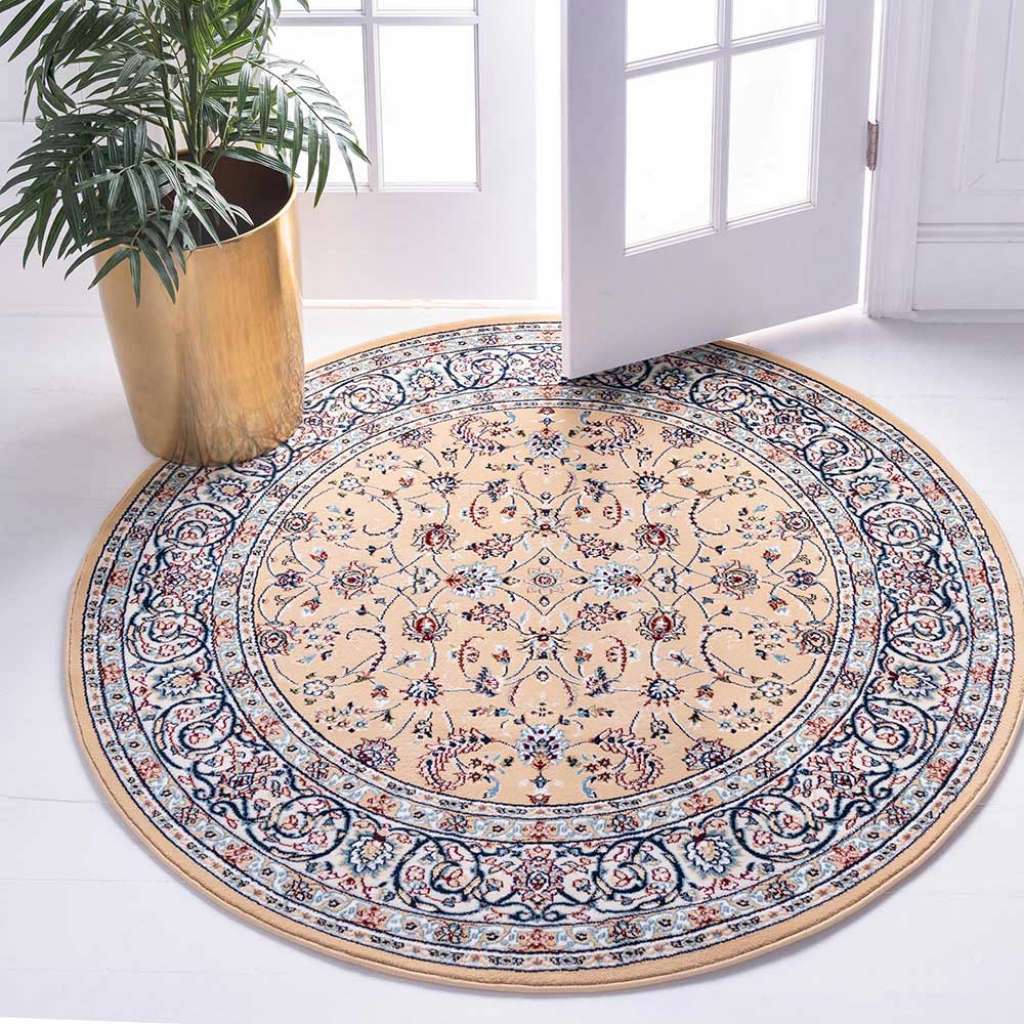 Runder Kurzflor Teppich im orientalischen Stil Hellbraun und Blau