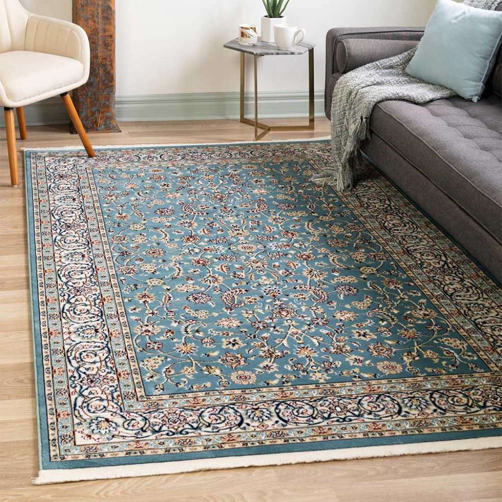 Rechteckiger Kurzflor Teppich mit orientalischem Muster Blau und Cremefarben