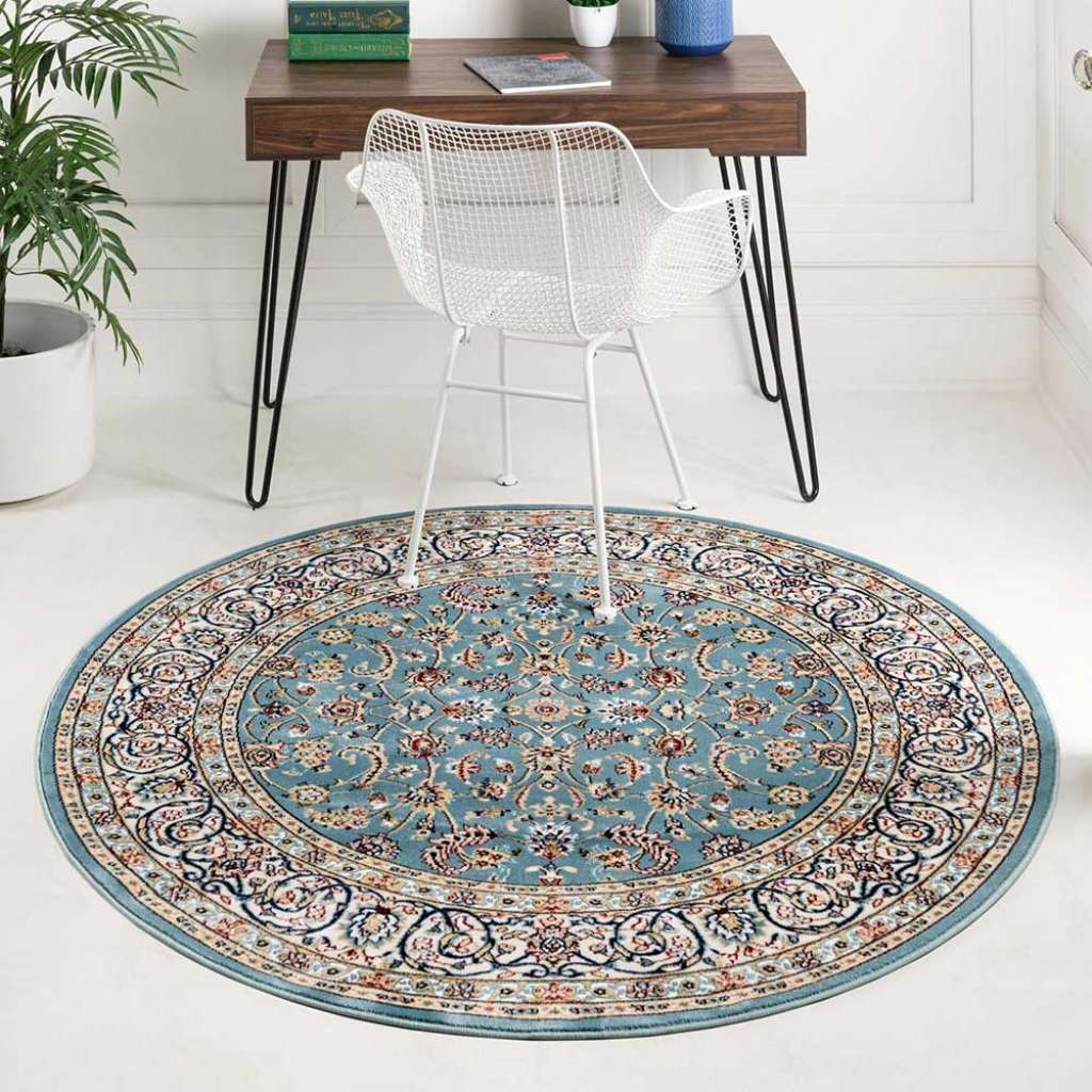 Orientstil Teppich in rund 150 cm Blau und Cremefarben