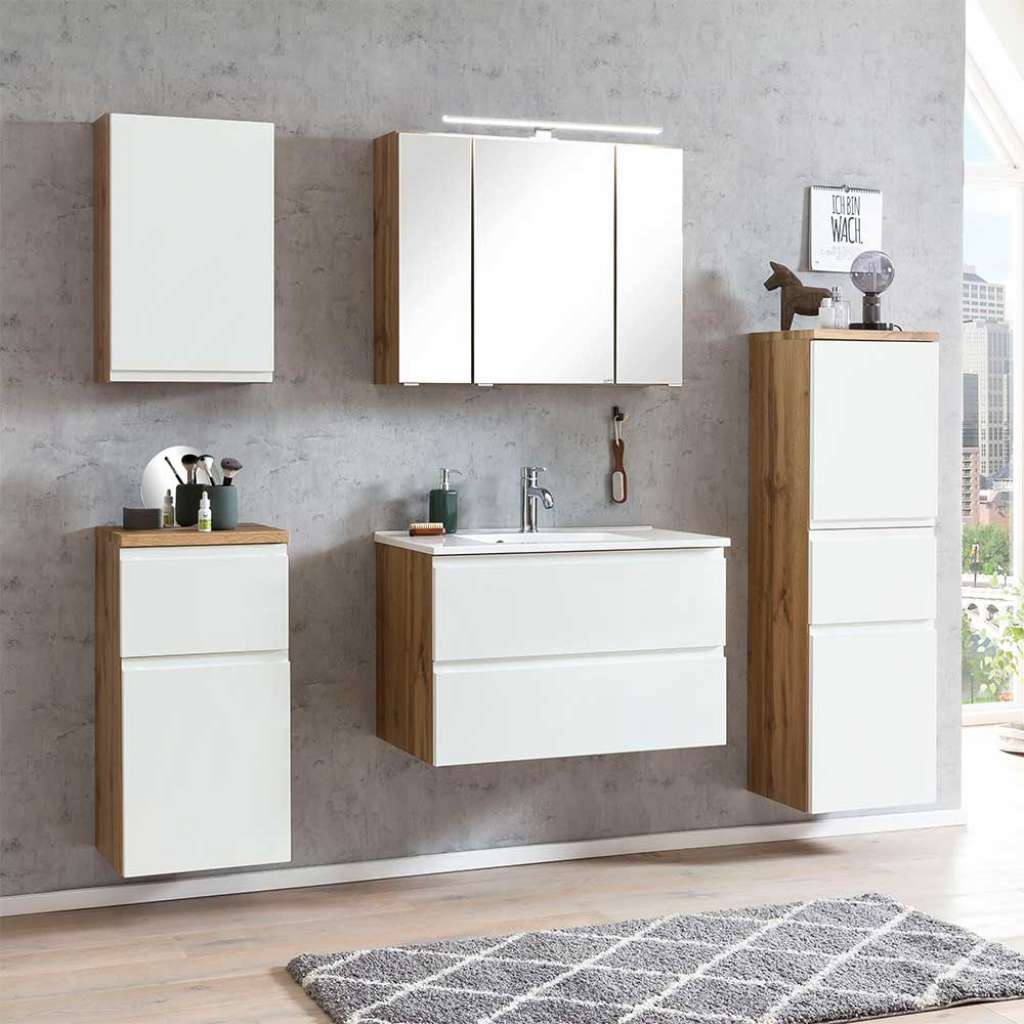 Waschplatz Set mit Spiegelschrank in Wildeichefarben Weiß (fünfteilig)