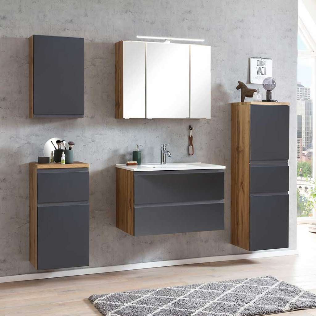 Waschplatz Set mit Spiegelschrank in Dunkelgrau Wildeichefarben (fünfteilig)