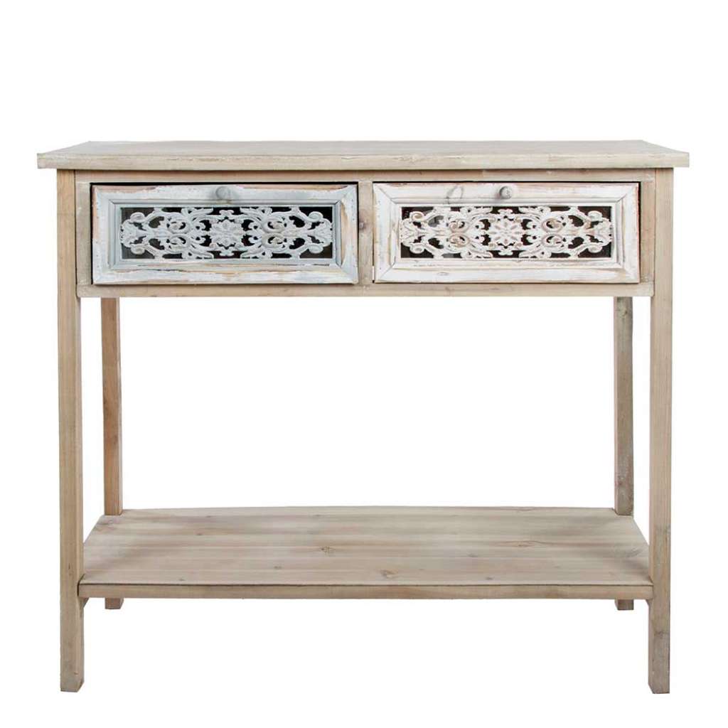 Shabby Chic Konsolentisch in Holz White Wash zwei Schubladen