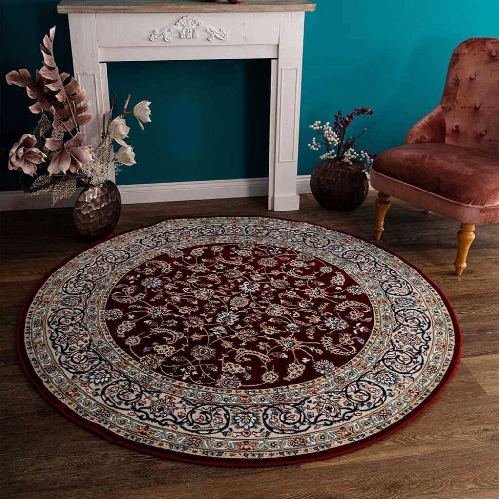 Runder Orient Stil Teppich in Dunkelrot Cremefarben