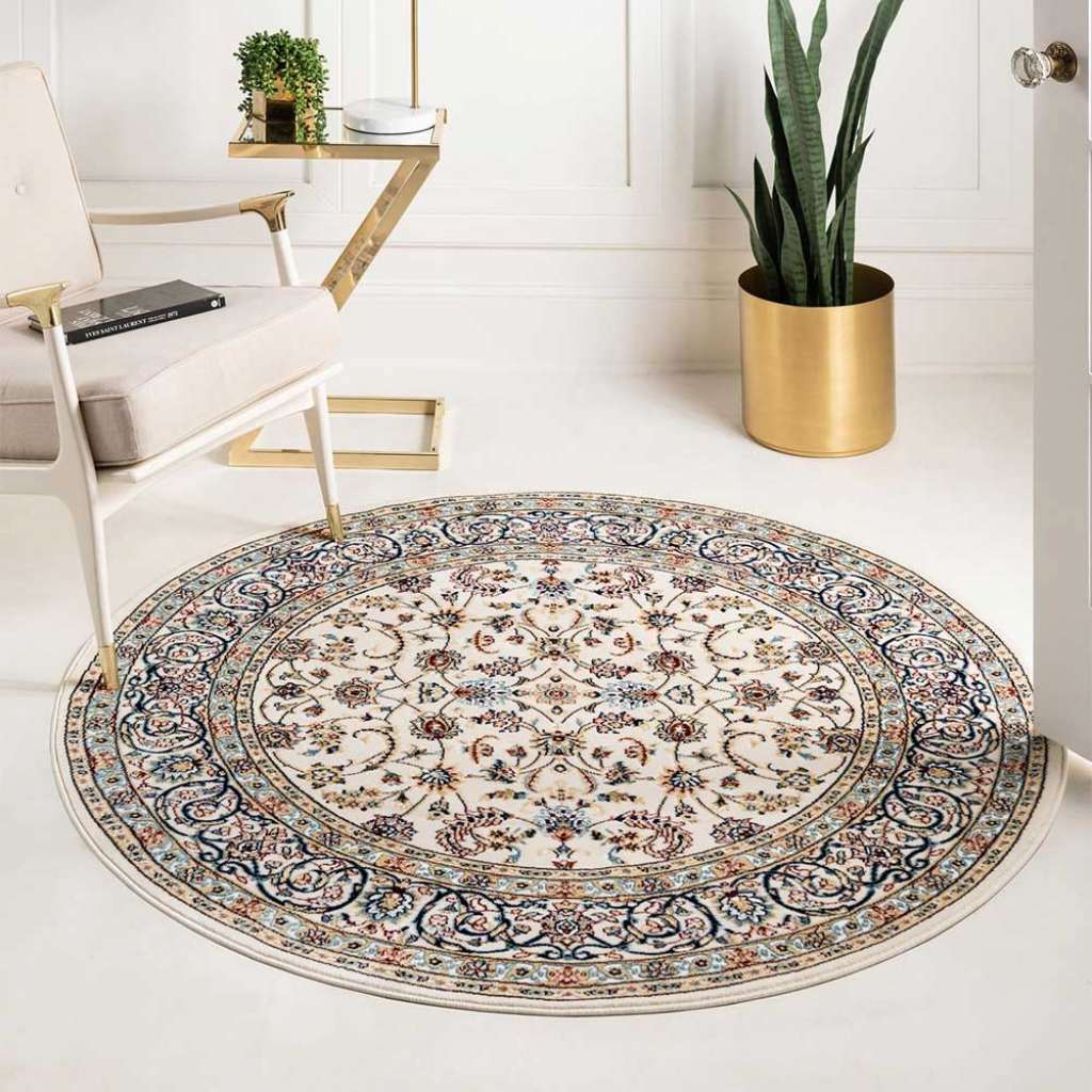 Runder Kurzflor Teppich mit orientalischem Muster Cremefarben