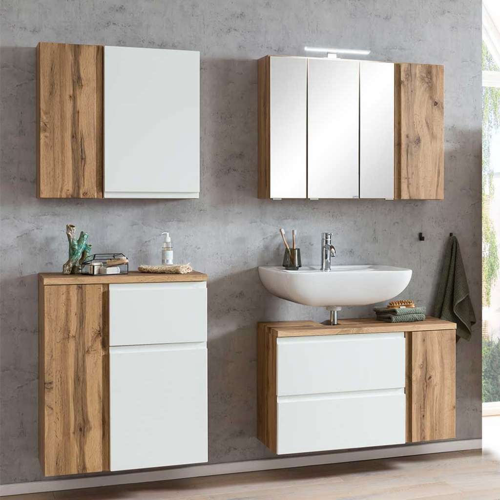 Badezimmermöbel Set 4teilig in Wildeichefarben Weiß (vierteilig)