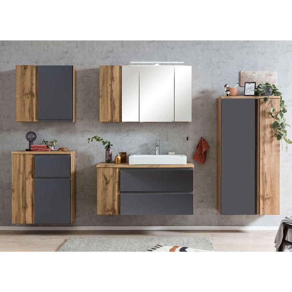 Fünfteiliges Badmöbel Set mit Waschbecken Spiegelschrank (fünfteilig)