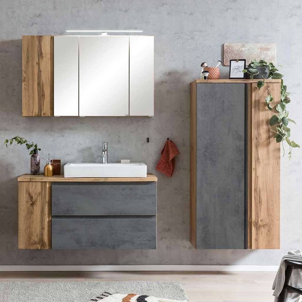 Badezimmermöbelset modern in Wildeichefarben Beton Grau (dreiteilig)
