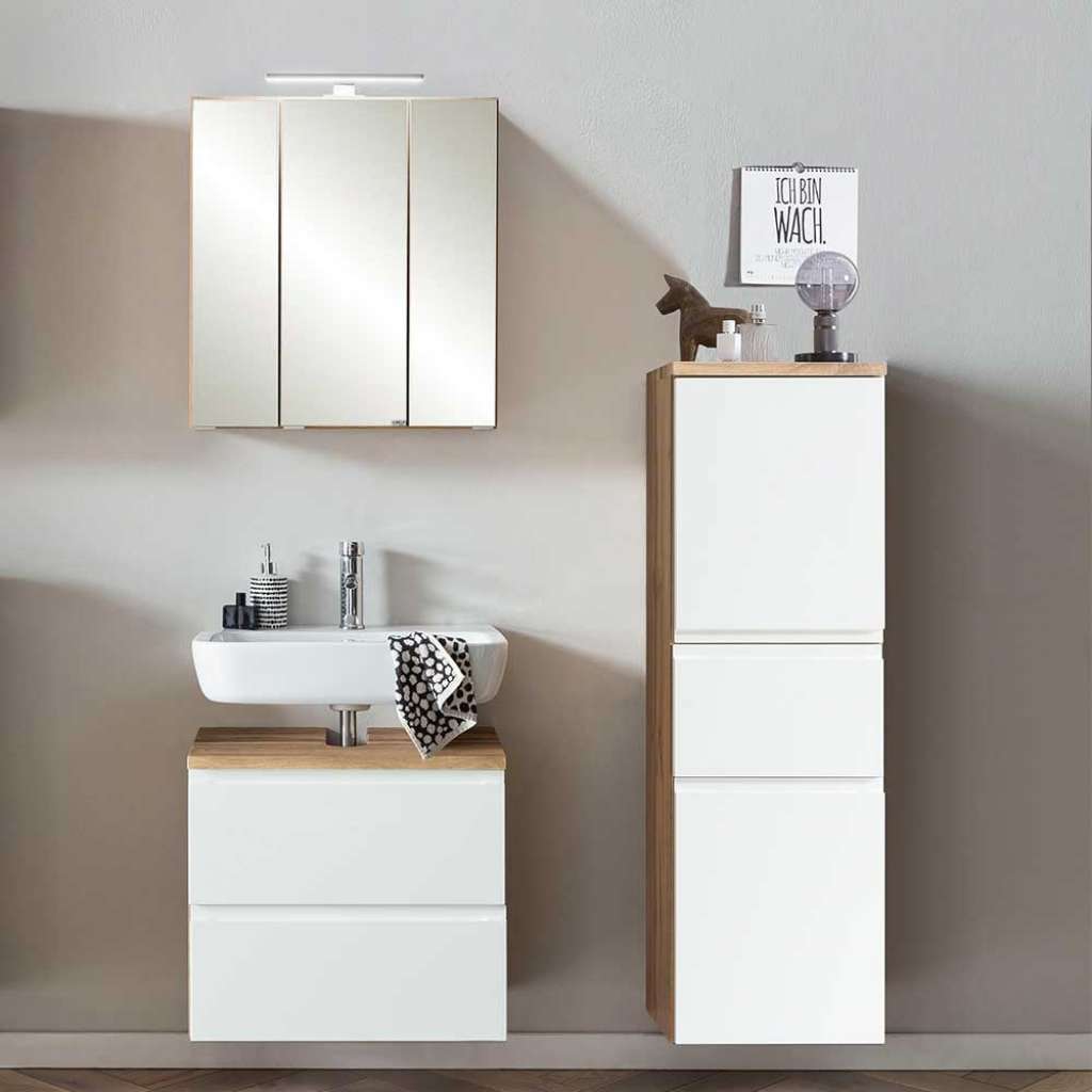 Möbel für kleines Badezimmer in Wildeichefarben Weiß (dreiteilig)