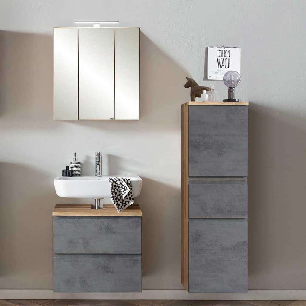 Gäste WC Möbel Set in Wildeichefarben und Beton Optik 100 cm breit (dreiteilig)
