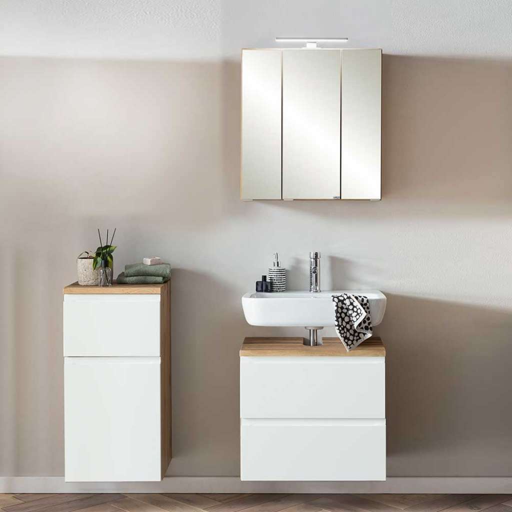 Gäste WC Möbel Set in Weiß Wildeichefarben (dreiteilig)