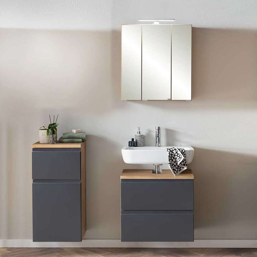 Gäste WC Möbel Set in Wildeichefarben Dunkelgrau (dreiteilig)