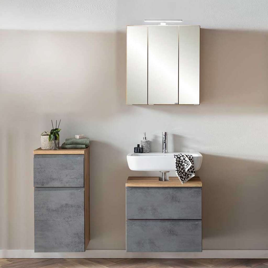 Gäste WC Badezimmermöbel Set in Beton Grau Wildeichefarben (dreiteilig)