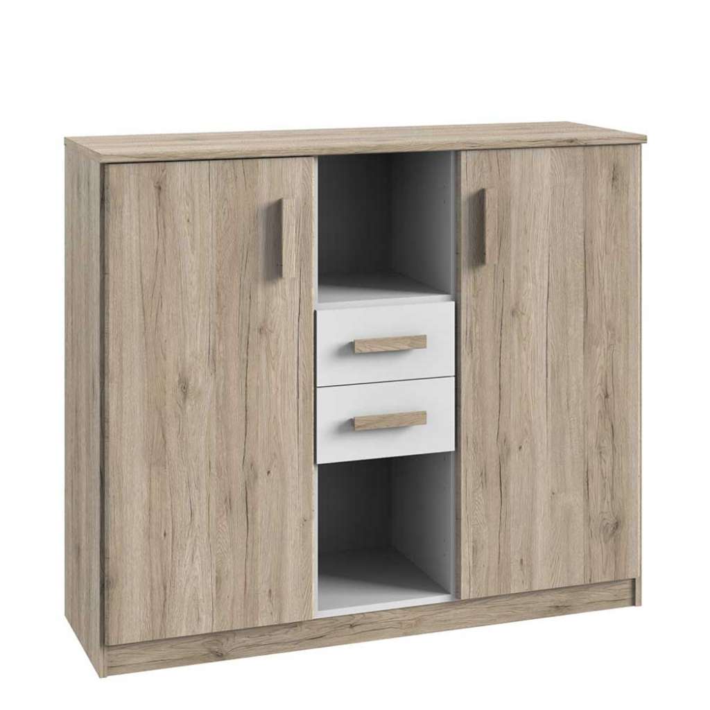 Esszimmersideboard mit Schubladen und offenen Fächern Eiche San Remo und Weiß