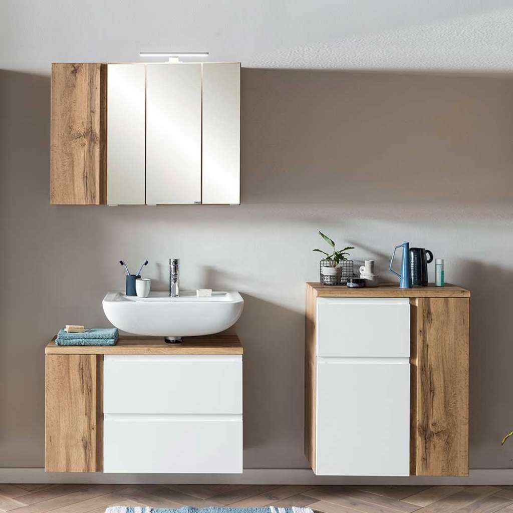 Waschplatz Set zweifarbig mit LED Beleuchtung 150 cm breit (dreiteilig)