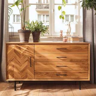 Wildeiche Echtholz Kommode im Skandi Design Vierfußgestell aus Metall