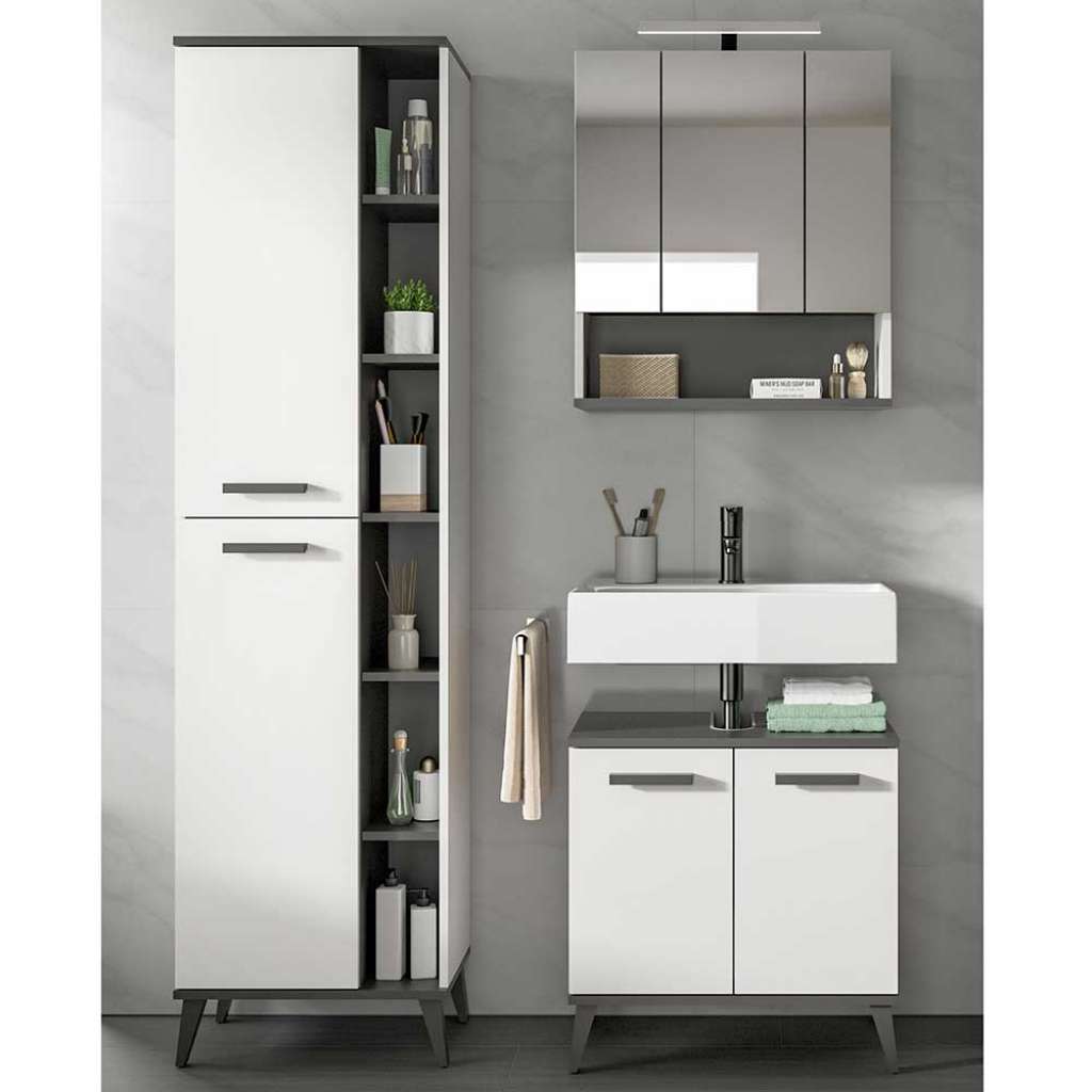 Schmales Badmöbel Set in Weiß und Anthrazit 189 cm hoch (dreiteilig)